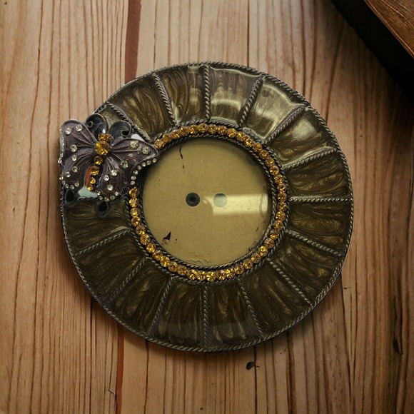 Butterfly Small 5” Photo Frame‎ Round Tabletop Glam Metal Epoxy Bling Glitter - Picture 1 of 5